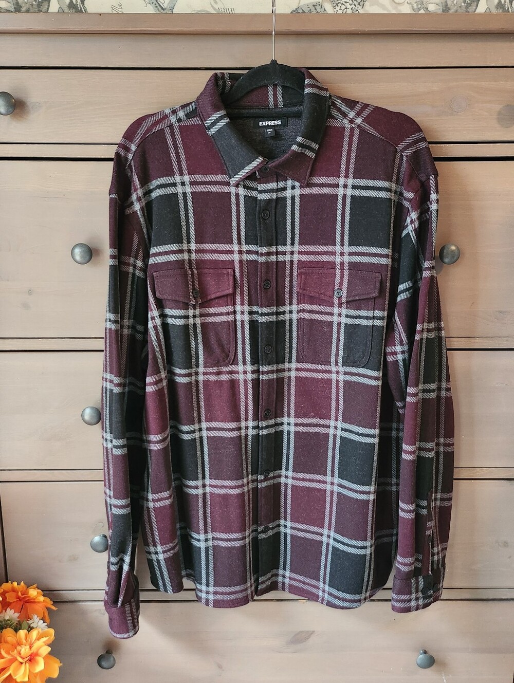 Men's Plaid Flannel Button Up Burgendy XL